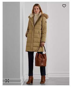 Lauren Ralph Lauren Women's Camel Hooded Down Puffer Coat with Faux-Fur Trim